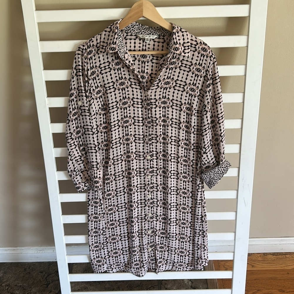 CAbi Dress 784 Colony Club Geometric Print Poly Crepe Button Down Dress Medium